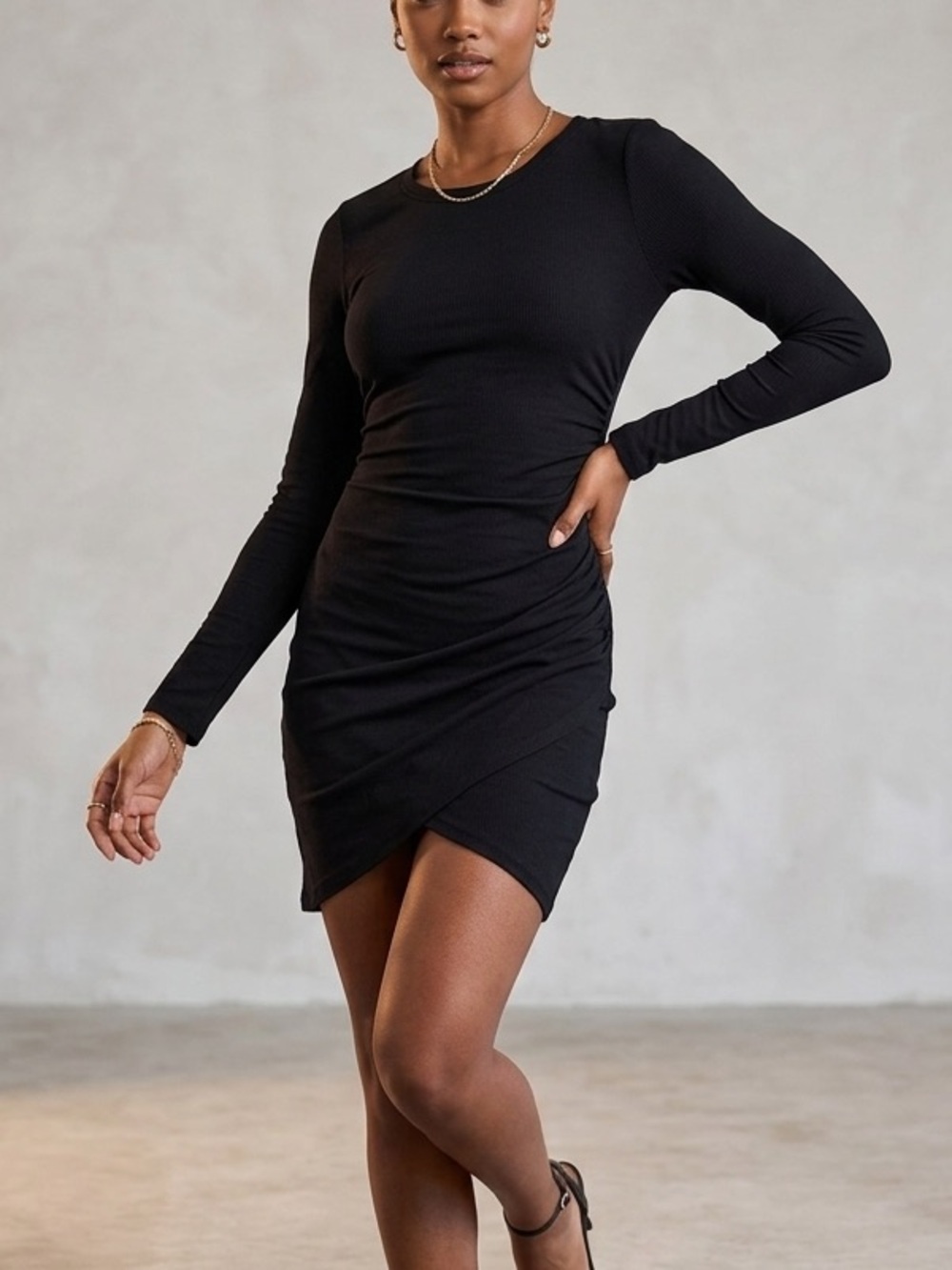 bobi Black Long-Sleeve Ruched Wrap Mini Dress